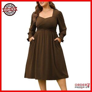 Plus Size Maxi Dress Long Sleeve Pockets Square Neck Back Tie Work Casual